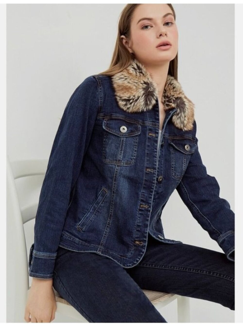 J. Jill Denim Jacket Removable Faux Fur Collar Stretch Dark Wash Size S
